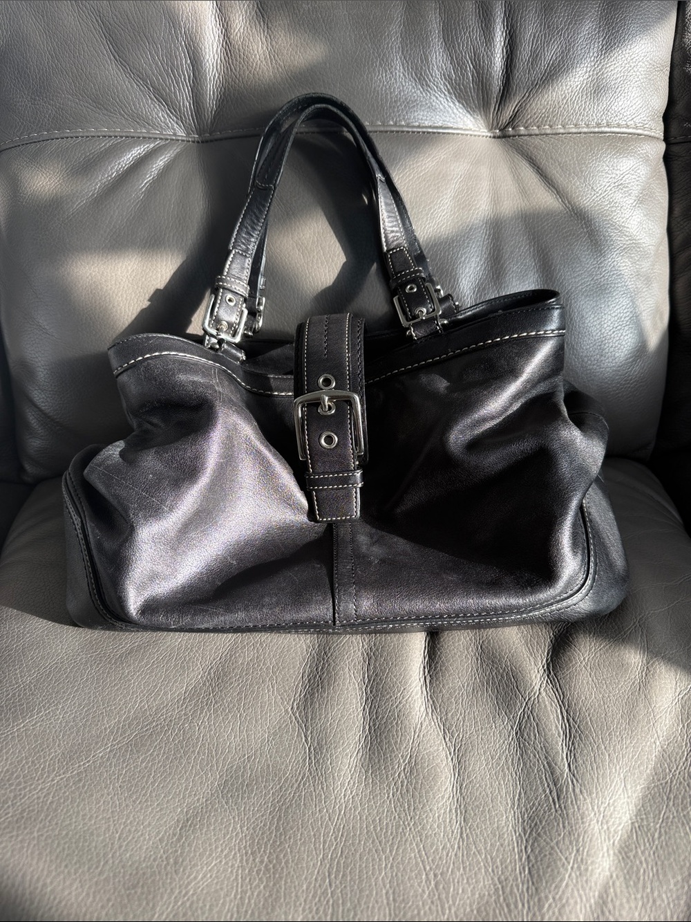 Coach Black Leather Shoulder Bag with Buckle Detail